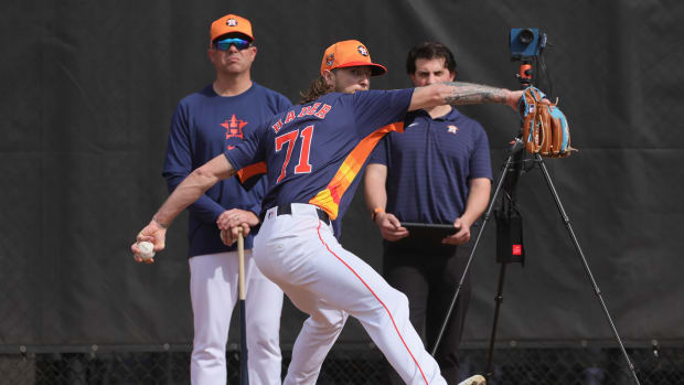 Feb 16, 2024; West Palm Beach, FL, USA; Houston Astros relief pitcher Josh Hader (71) delivers a pitch during spring training practice at CACTI Park of the Palm Beaches.